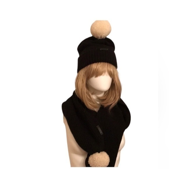 Coach Accessories - Coach black hat & scarf set with beige pom-poms. EUC.
